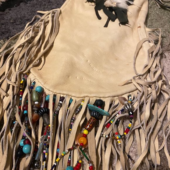 Vintage handmade LEATHER wine bag / purse fringe - Picture 2 of 5